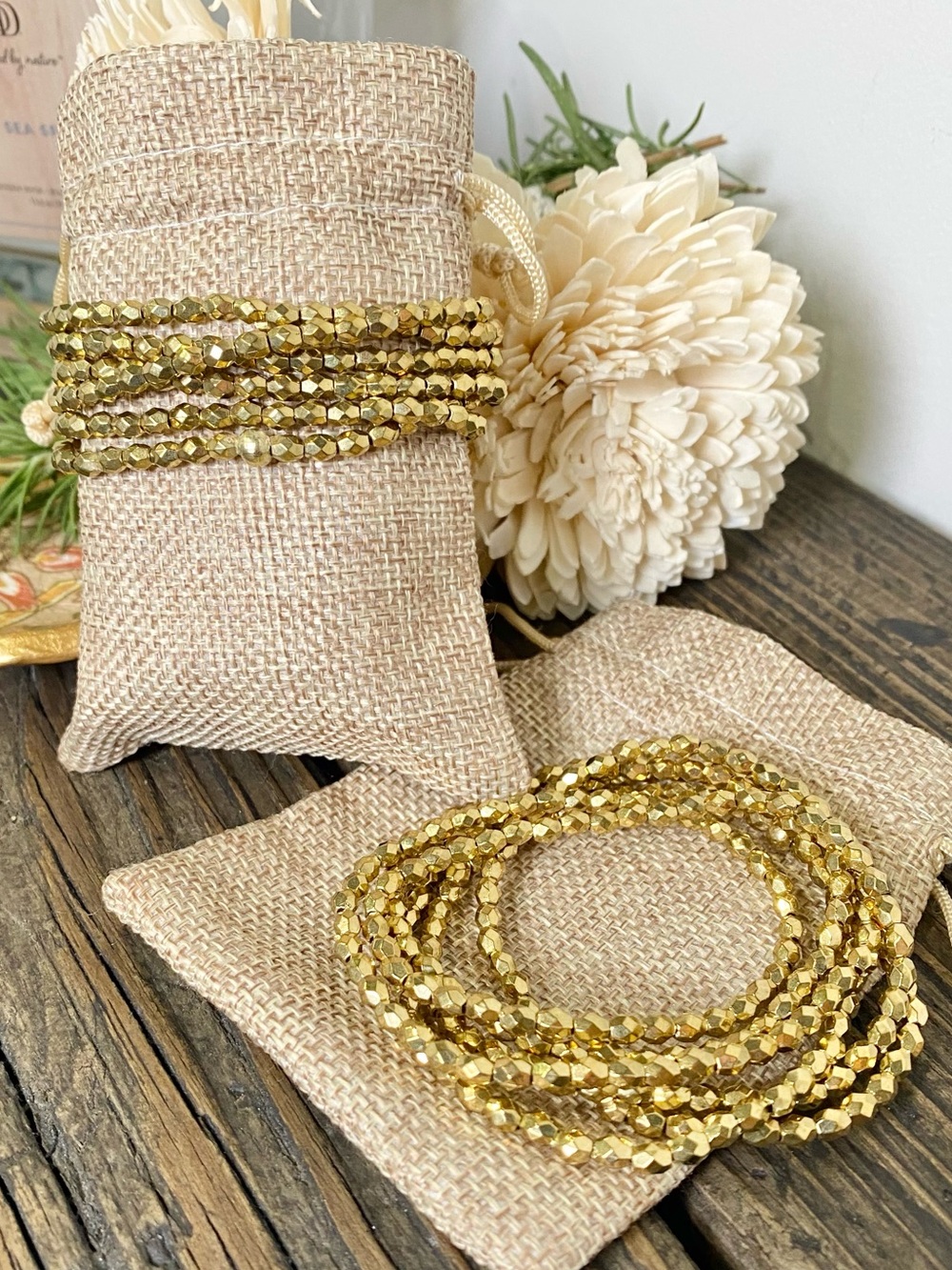 Gold Beaded Wrap Bracelets Set of 2